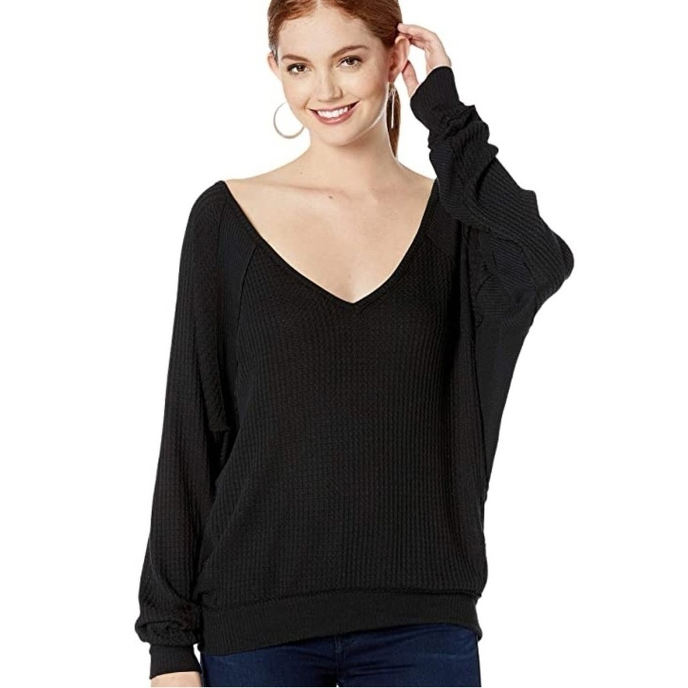 Free People We the Free Santa Clara Oversized Slouchy Waffle Knit Top-Black-XS